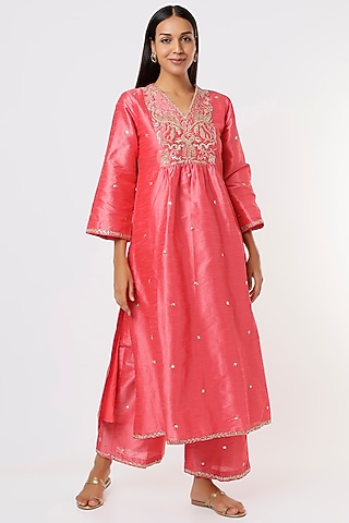 Coral Pink Raw Silk Kurta Set by Mehak Murpana