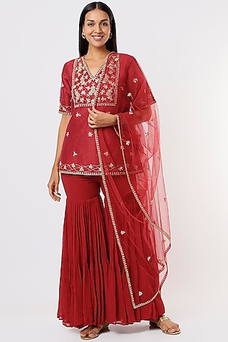 Raspberry Red Georgette Sharara Set by Mehak Murpana