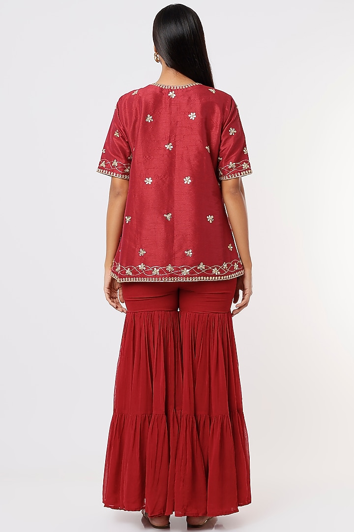 Raspberry Red Georgette Party Wear Sharara Set by Mehak Murpana at Pernia's Pop Up Shop