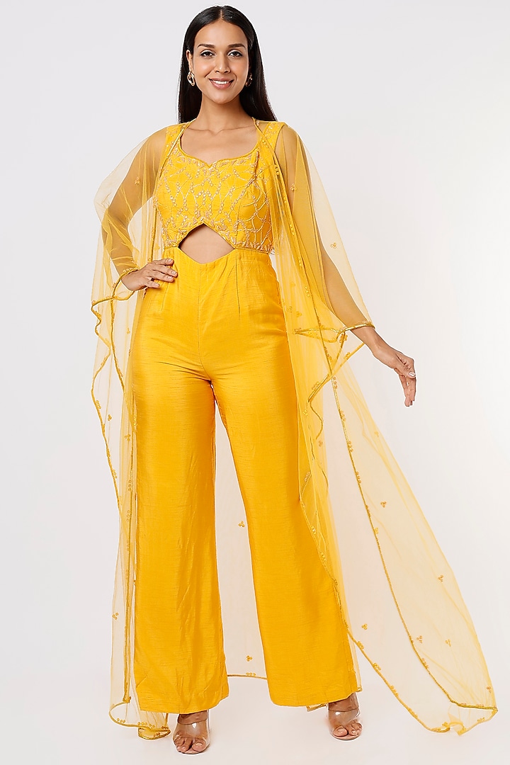 Yellow Embroidered Jumpsuit by Mehak Murpana