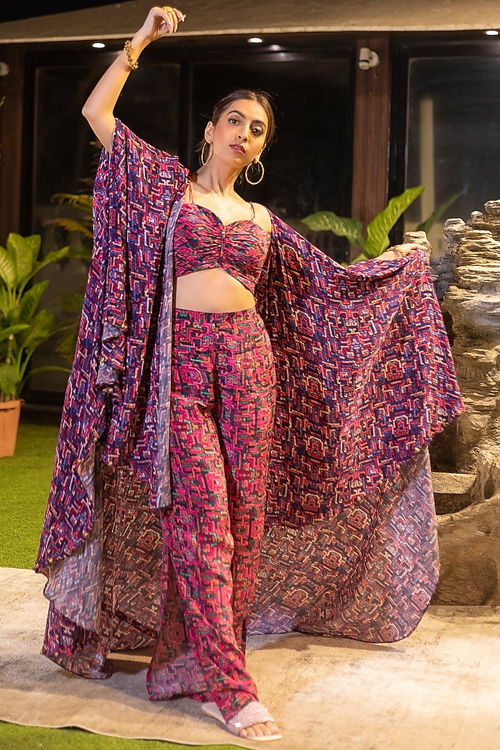 Pink Crepe Pant Set With Cape by Mehak Murpana