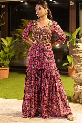 Pink Crepe Printed Sharara Set by Mehak Murpana