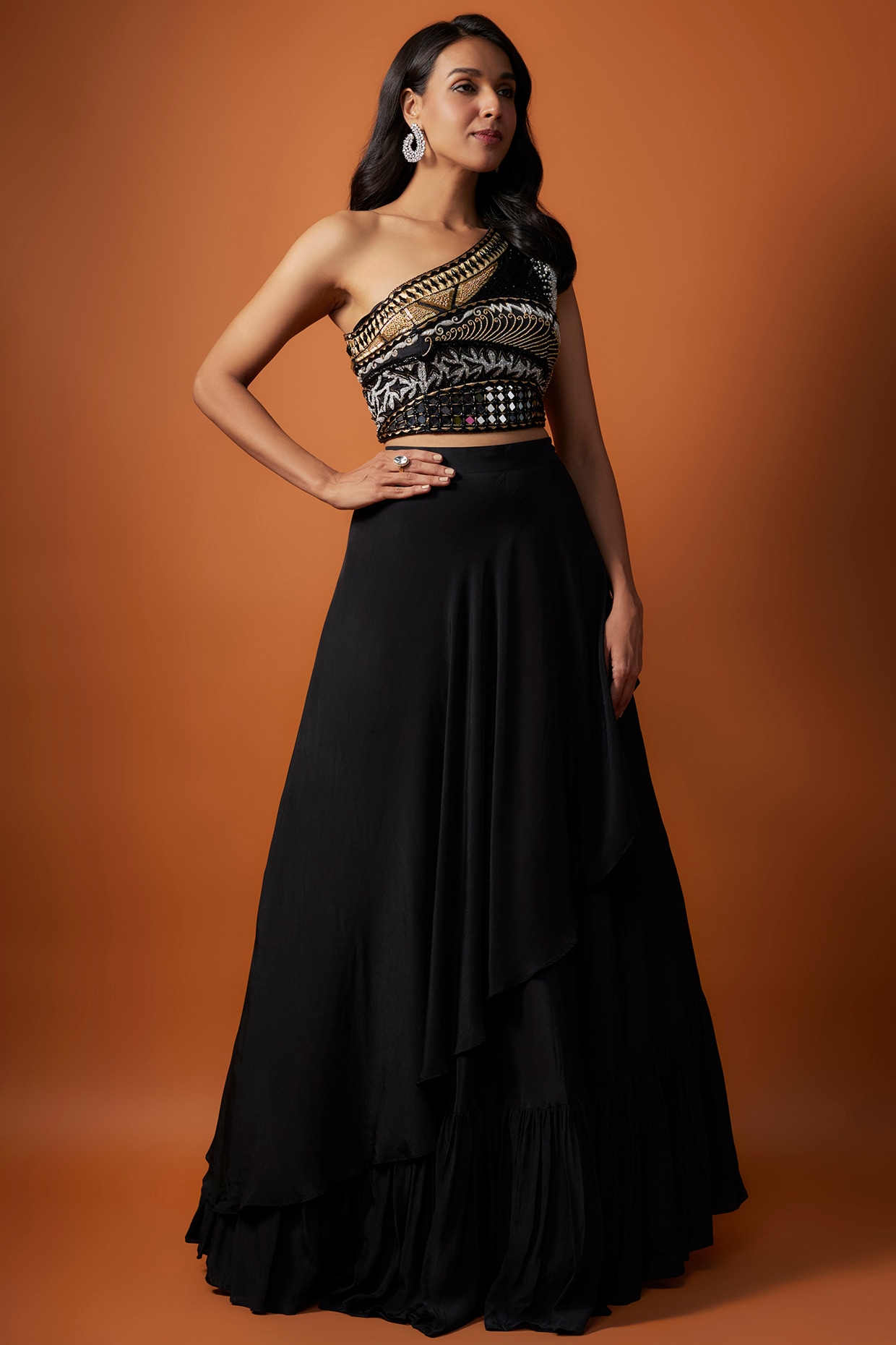 Mehak Murpana Black Crepe Layered Lehenga Set