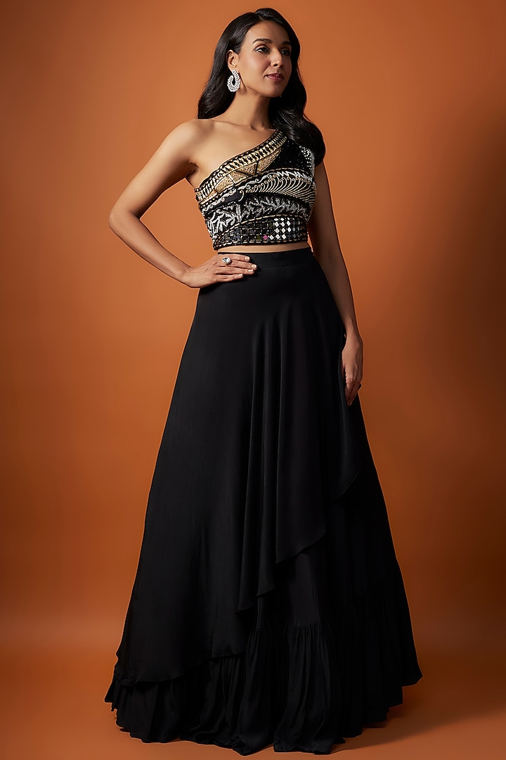 Black Crepe Layered Wedding Lehenga Set by Mehak Murpana at Pernia's Pop Up Shop