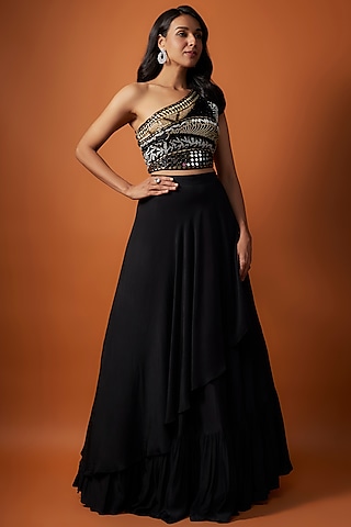 Black Crepe Layered Lehenga Set by Mehak Murpana