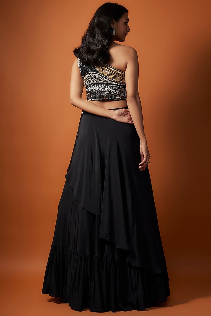 Black Crepe Layered Wedding Lehenga Set by Mehak Murpana at Pernia's Pop Up Shop