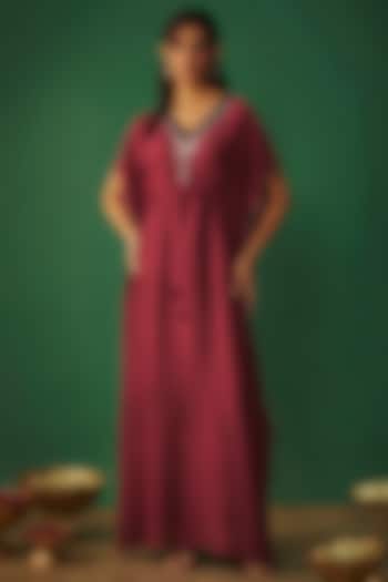 Deep Red Crepe Mirror & Pearl Embroidered Kaftan by Mehak Murpana at Pernia's Pop Up Shop