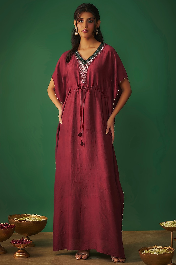 Deep Red Crepe Mirror & Pearl Embroidered Kaftan by Mehak Murpana at Pernia's Pop Up Shop