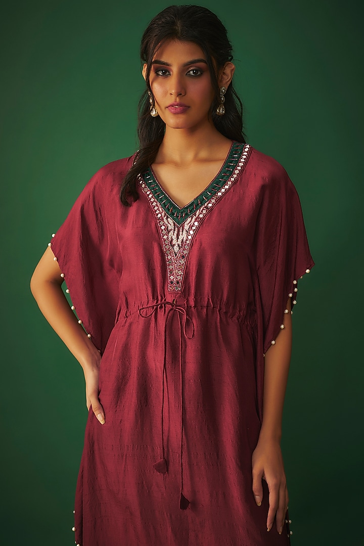 Deep Red Crepe Mirror & Pearl Embroidered Kaftan by Mehak Murpana at Pernia's Pop Up Shop