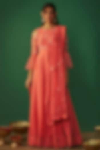 Coral Pink Double Georgette Embroidered Wedding Anarkali Set by Mehak Murpana at Pernia's Pop Up Shop