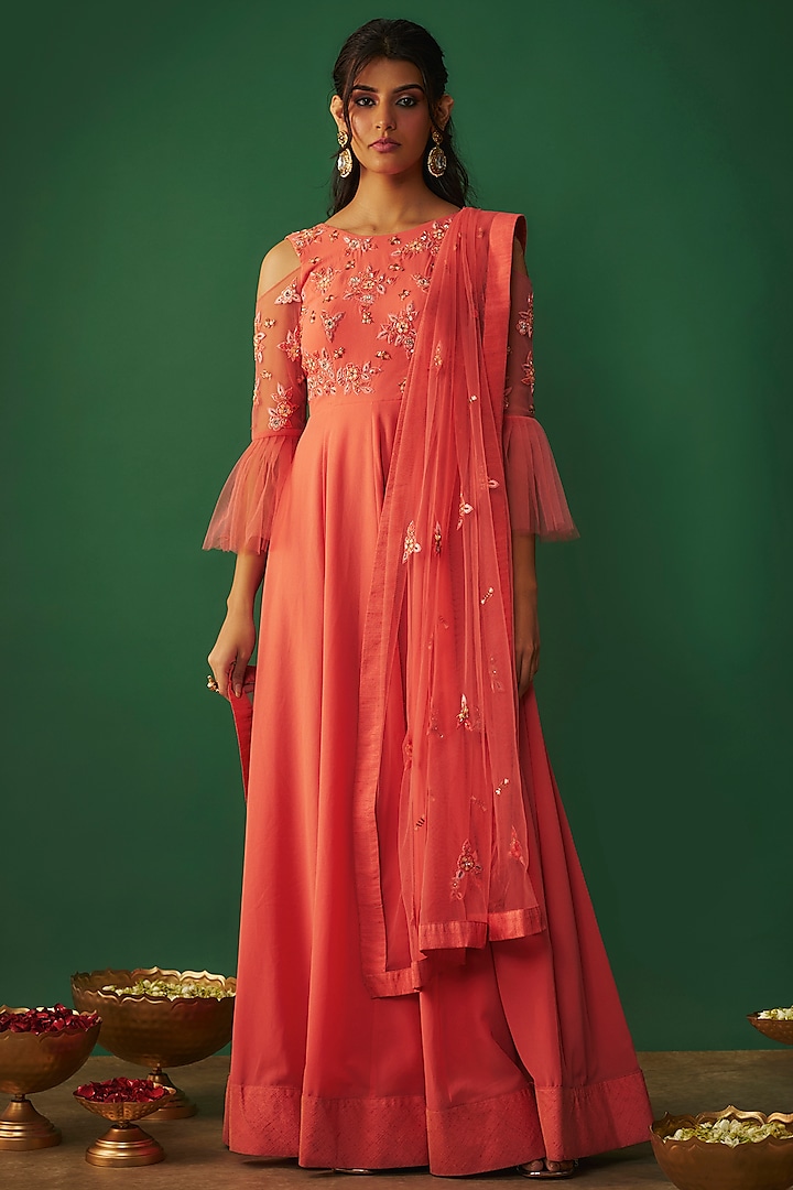 Coral Pink Double Georgette Embroidered Wedding Anarkali Set by Mehak Murpana at Pernia's Pop Up Shop