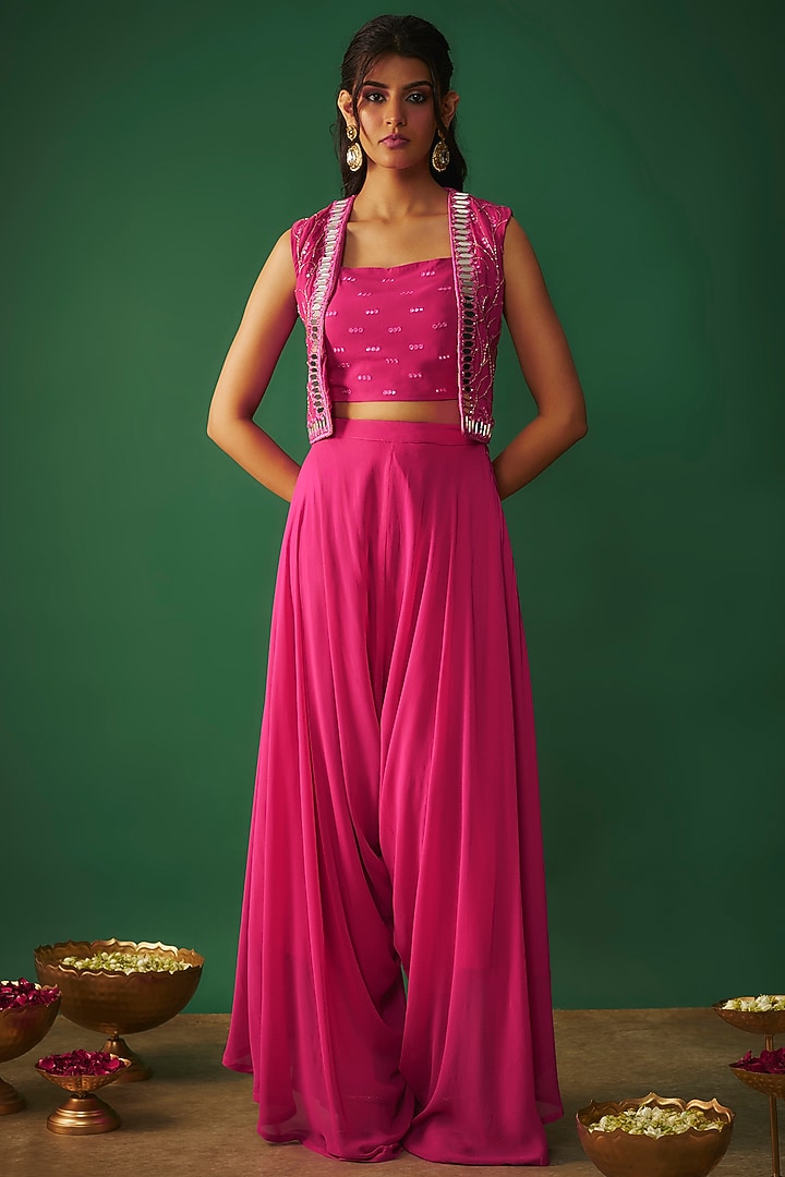 Magenta Pink Georgette Mirror Embroidered Crop Jacket Set by Mehak Murpana at Pernia's Pop Up Shop
