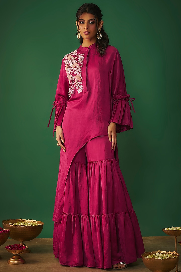 Magenta Pink Satin Linen Party Wear Sharara Set by Mehak Murpana at Pernia's Pop Up Shop