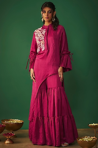 Magenta Pink Satin Linen Sharara Set by Mehak Murpana