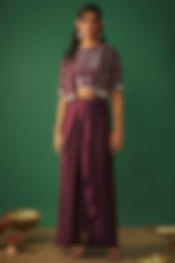 Wine Milano Satin Mirror Embroidered Crop Jacket Set by Mehak Murpana at Pernia's Pop Up Shop