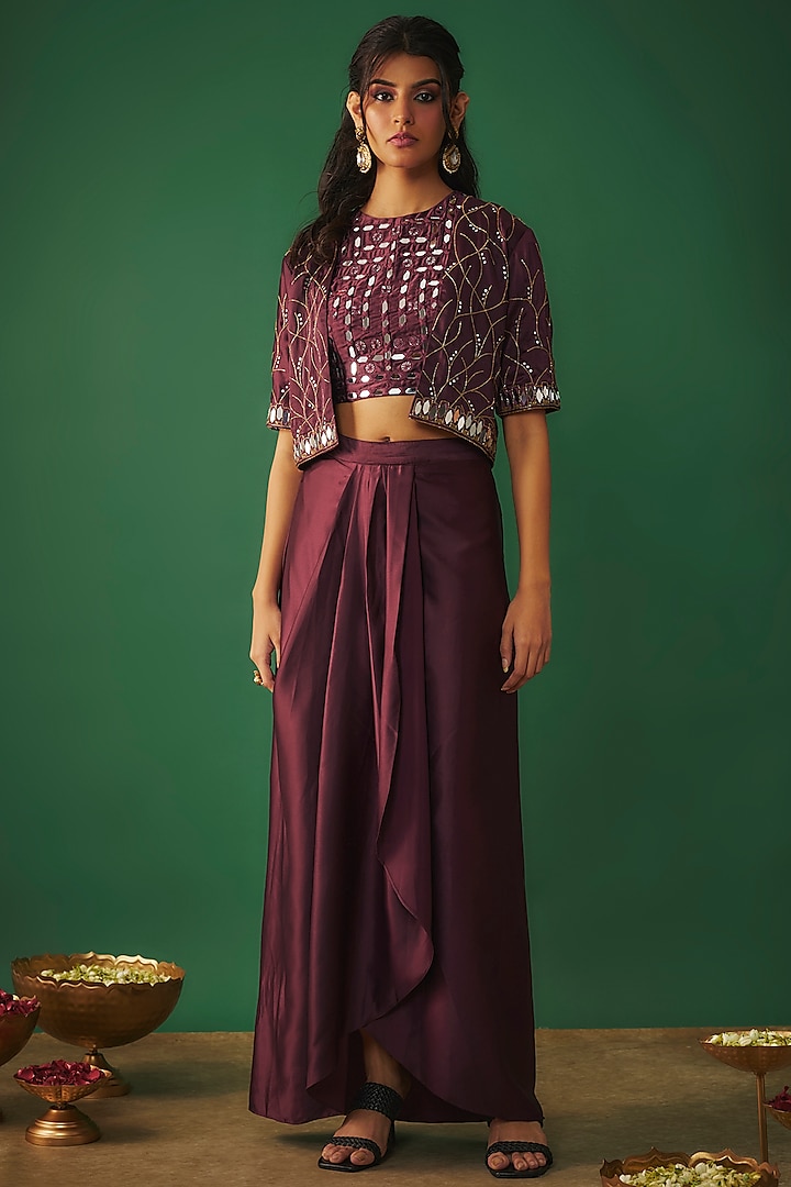Wine Milano Satin Mirror Embroidered Crop Jacket Set by Mehak Murpana at Pernia's Pop Up Shop