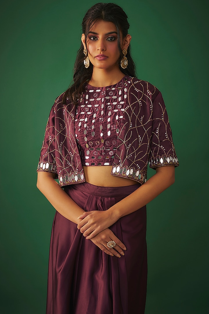 Wine Milano Satin Mirror Embroidered Crop Jacket Set by Mehak Murpana at Pernia's Pop Up Shop