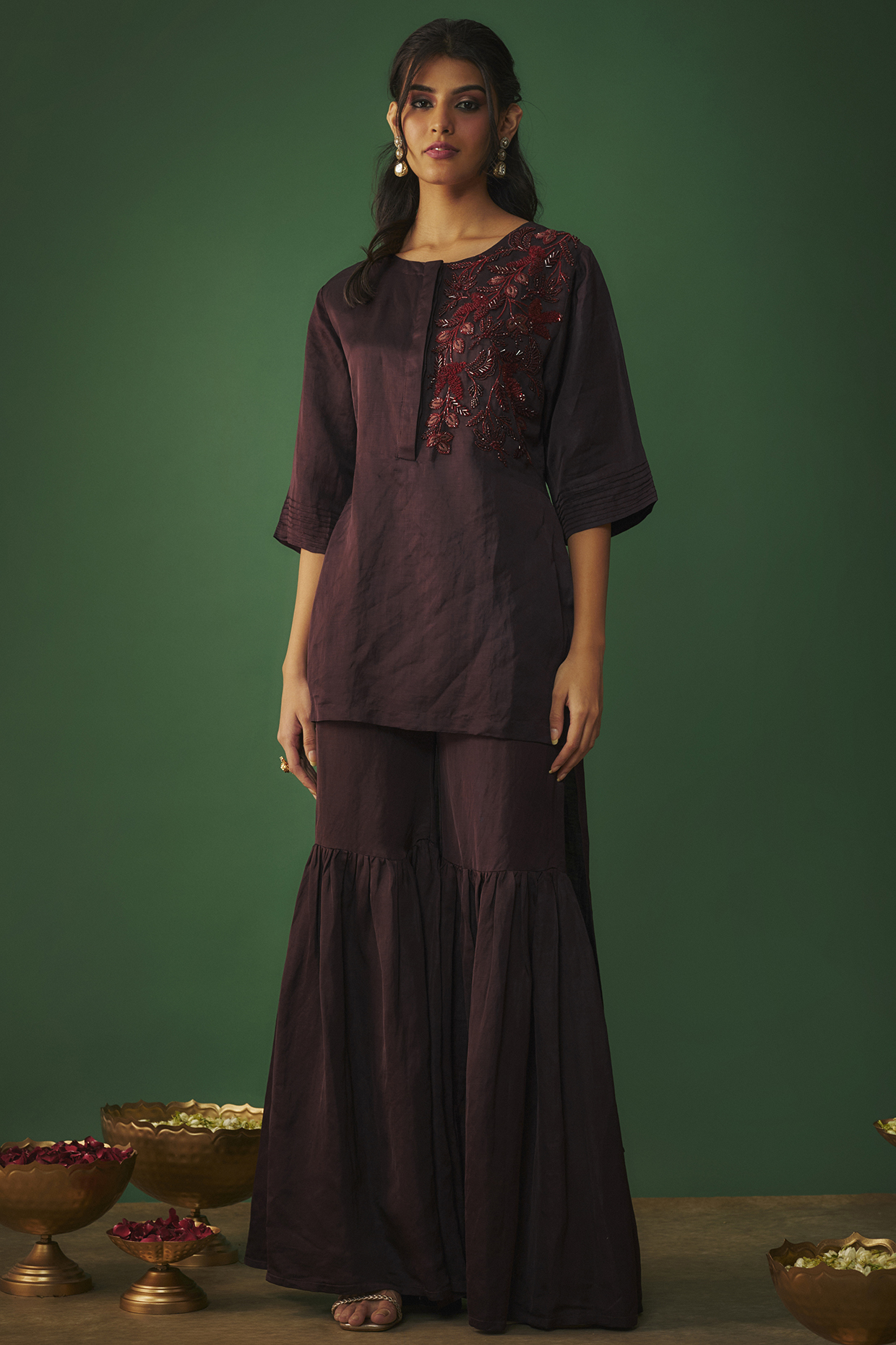 Wine Satin Linen Party Wear Sharara Set by Mehak Murpana at Pernia's Pop Up Shop