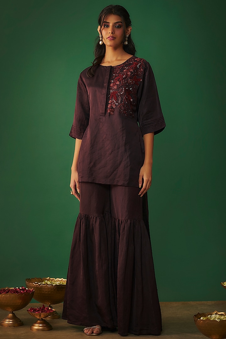 Wine Satin Linen Party Wear Sharara Set by Mehak Murpana at Pernia's Pop Up Shop