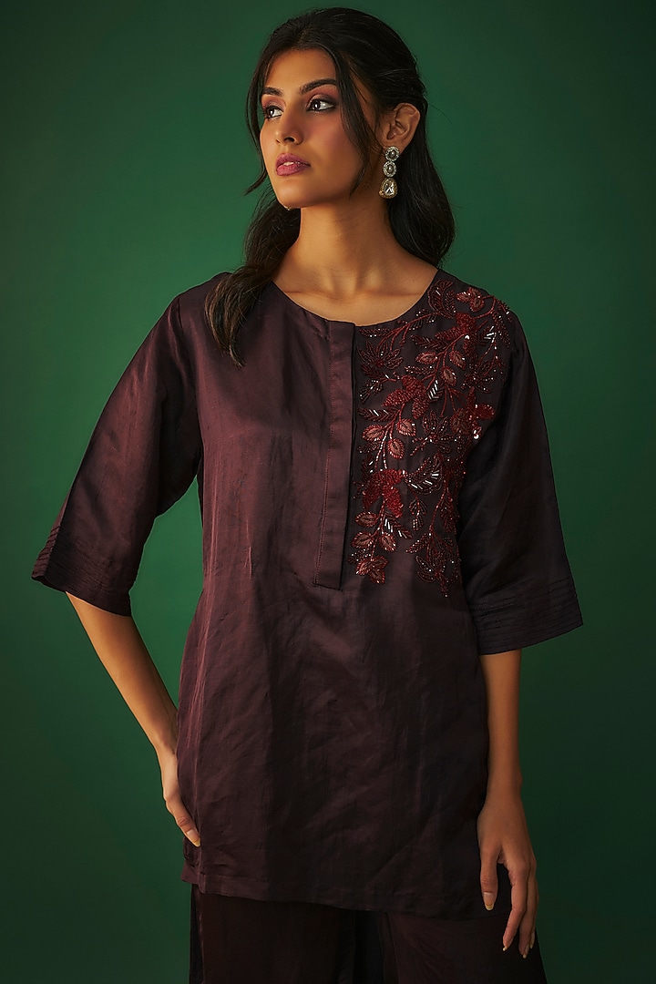 Wine Satin Linen Party Wear Sharara Set by Mehak Murpana at Pernia's Pop Up Shop