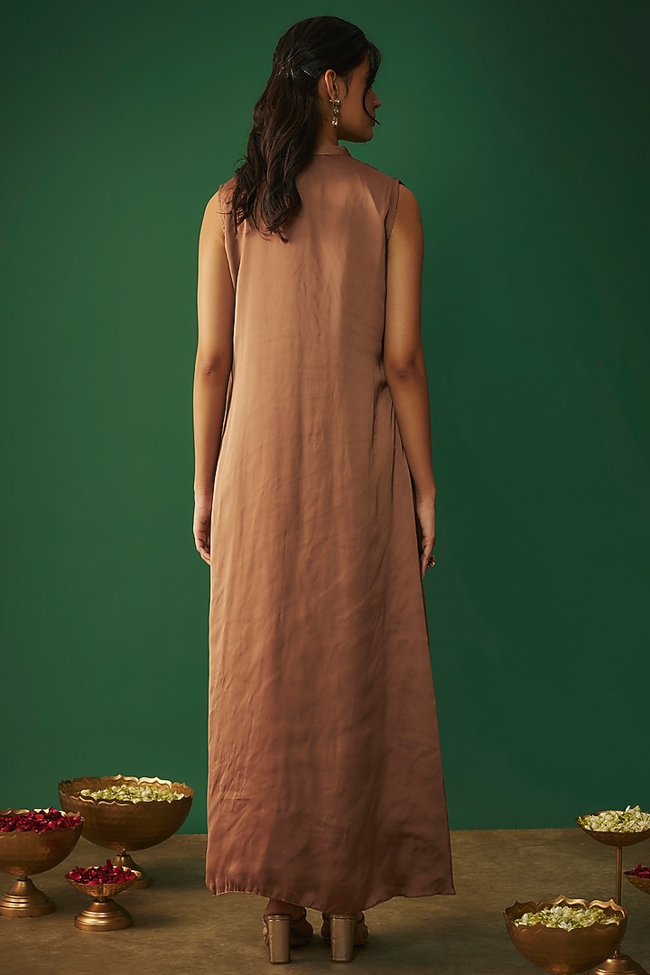 Coffee Brown Milano Satin Embroidered Draped Party Wear Gown by Mehak Murpana at Pernia's Pop Up Shop