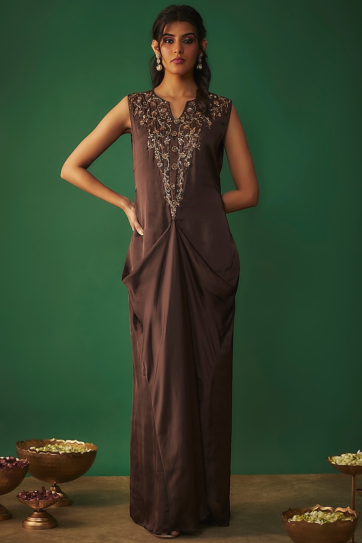 Dark Brown Milano Satin Embroidered Draped Party Wear Gown by Mehak Murpana at Pernia's Pop Up Shop