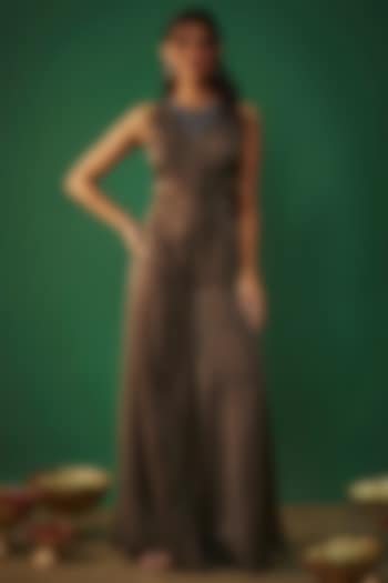 Stone Grey Textured Satin Embroidered Jumpsuit by Mehak Murpana at Pernia's Pop Up Shop