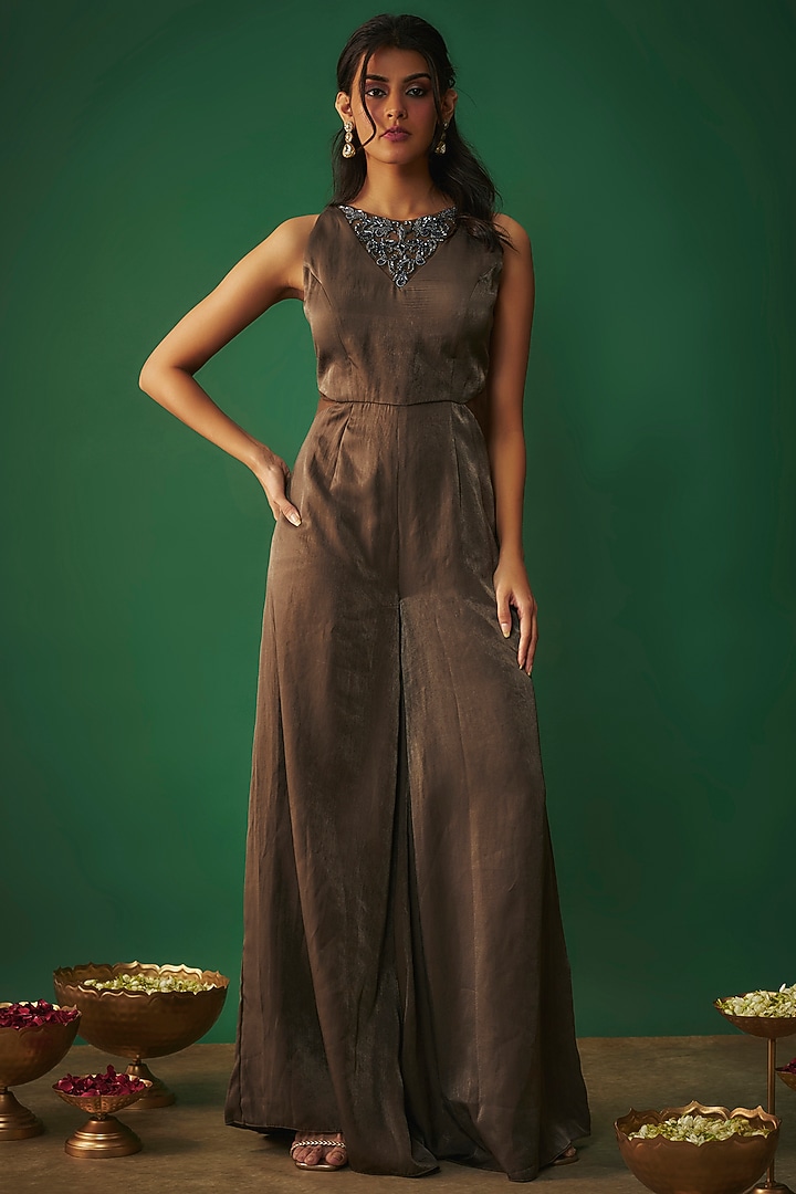 Stone Grey Textured Satin Embroidered Jumpsuit by Mehak Murpana at Pernia's Pop Up Shop