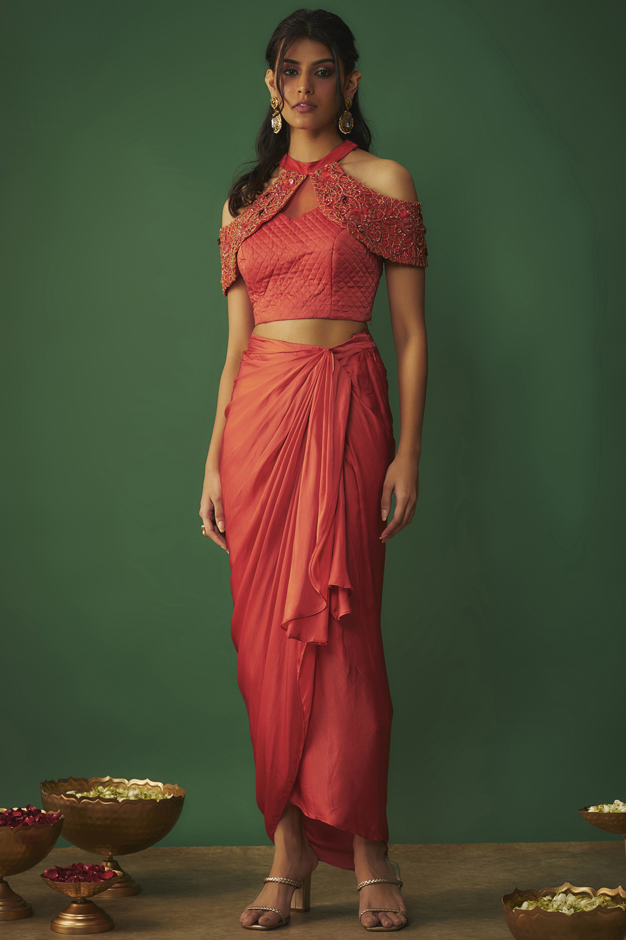 Bright Orange Milano Satin Draped Skirt Set by Mehak Murpana at Pernia's Pop Up Shop