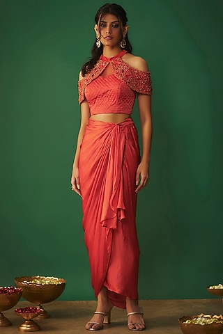 Bright Orange Milano Satin Draped Skirt Set by Mehak Murpana