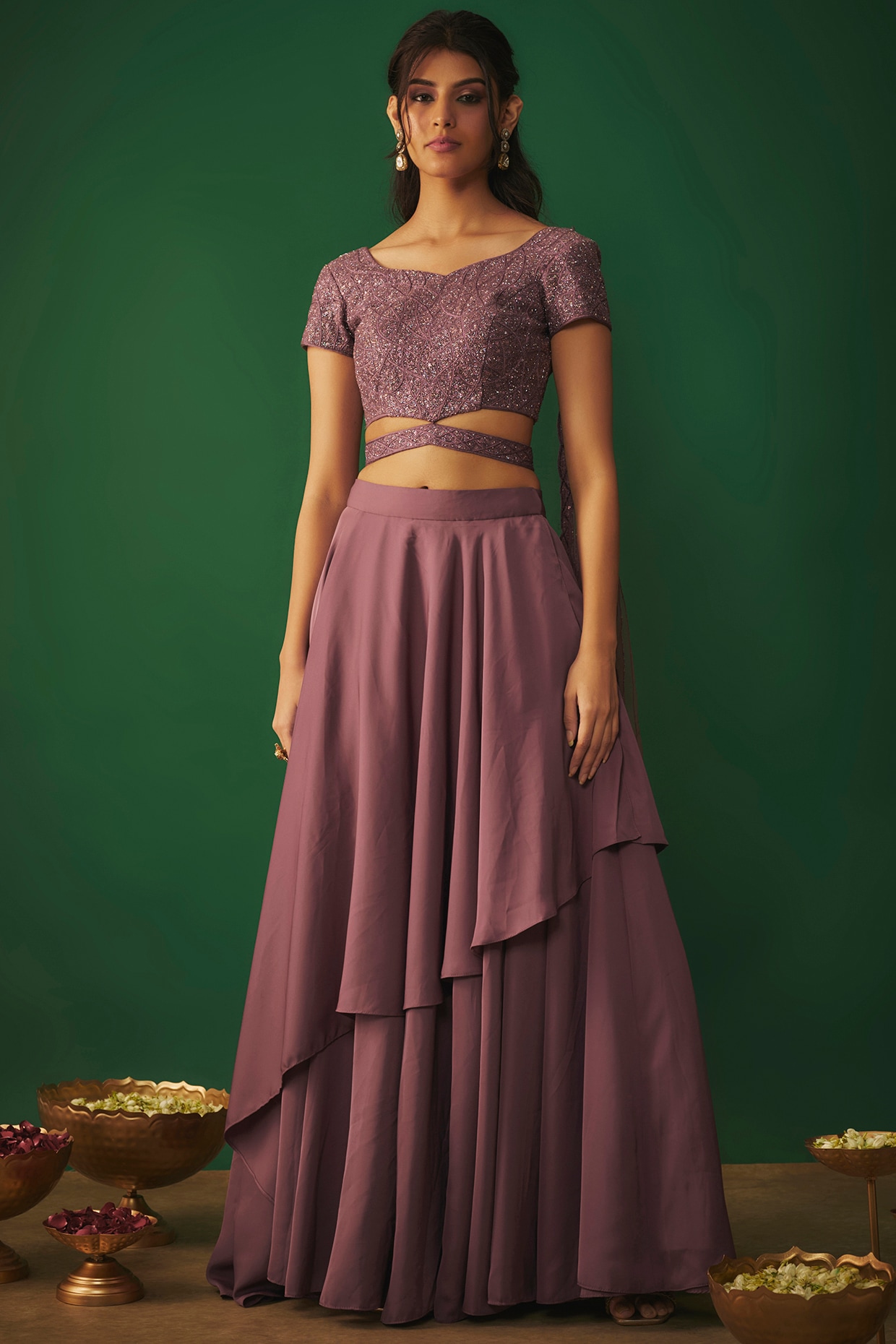 Mehak Murpana Rouge Pink Milano Satin Asymmetric Lehenga Set