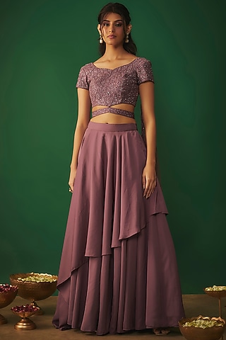 Rouge Pink Milano Satin Asymmetric Lehenga Set by Mehak Murpana