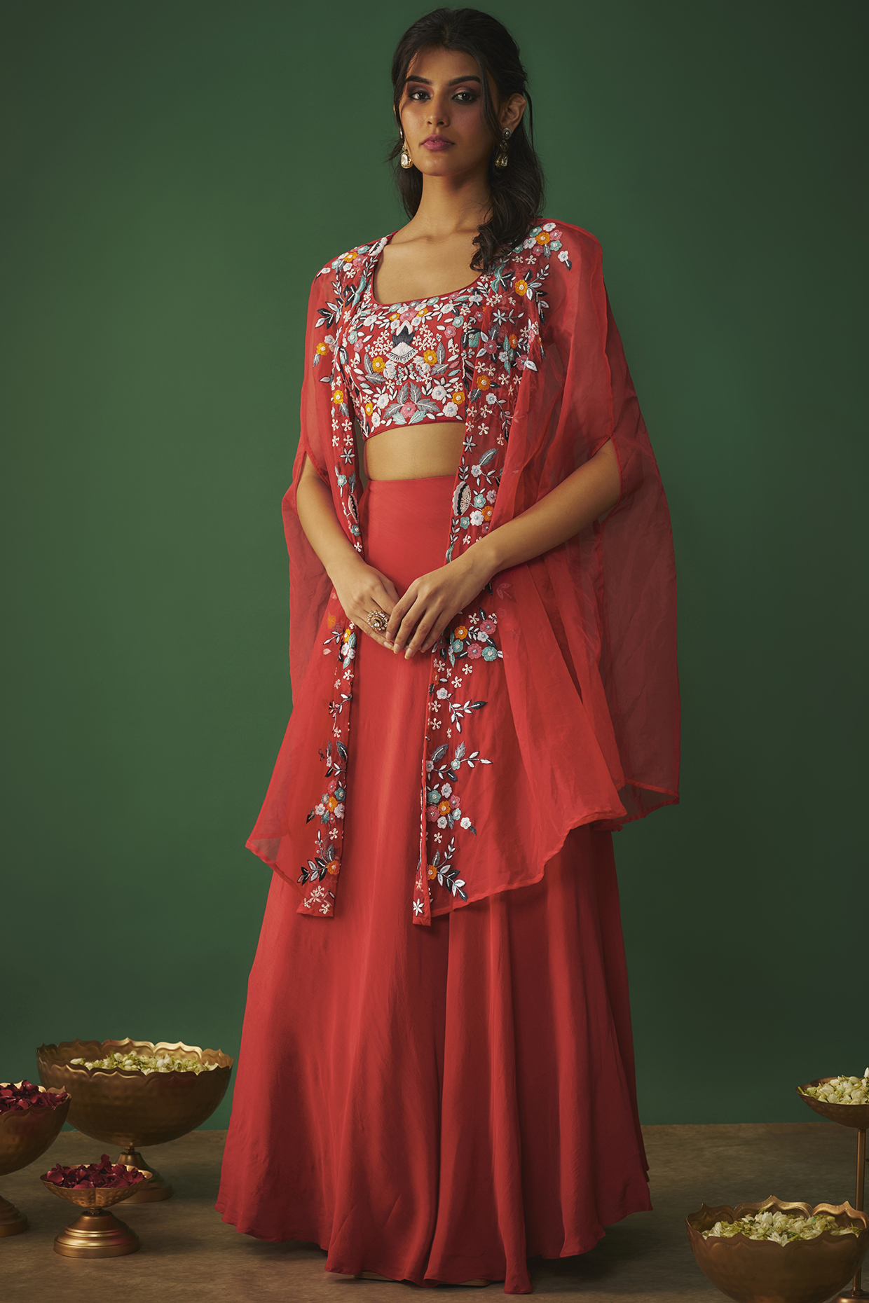 Red Crepe & Organza Thread Embroidered Jacket  dulhan bday 22 may Lehenga Set by Mehak Murpana at Pernia's Pop Up Shop