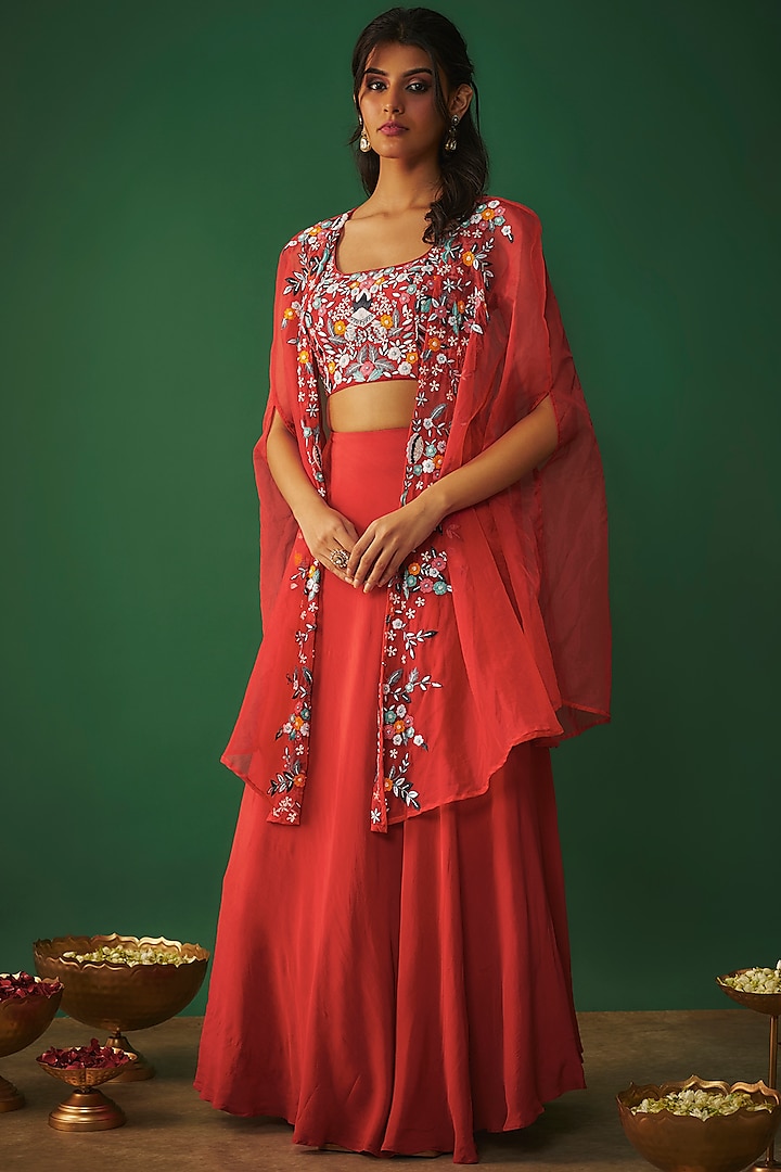 Red Crepe & Organza Thread Embroidered Jacket  dulhan bday 22 may Lehenga Set by Mehak Murpana at Pernia's Pop Up Shop