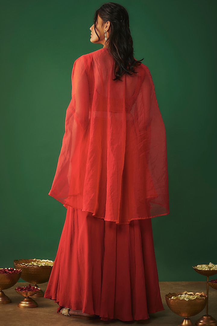 Red Crepe & Organza Thread Embroidered Jacket Wedding Lehenga Set by Mehak Murpana at Pernia's Pop Up Shop