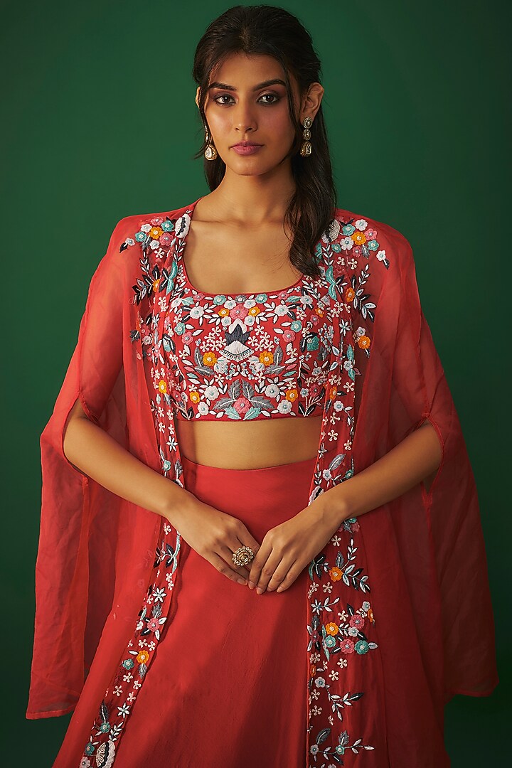 Red Crepe & Organza Thread Embroidered Jacket Wedding Lehenga Set by Mehak Murpana at Pernia's Pop Up Shop