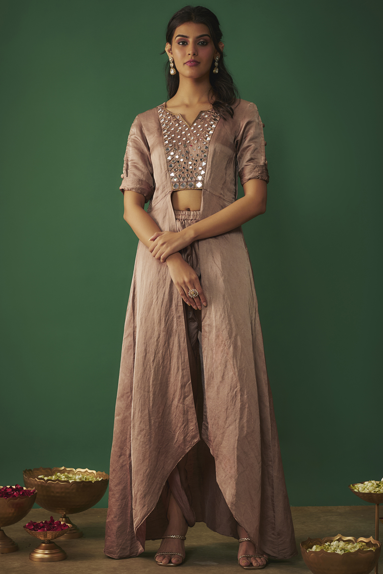 Coffee Colored Satin Linen Embroidered Front-Open Kurta Set by Mehak Murpana at Pernia's Pop Up Shop
