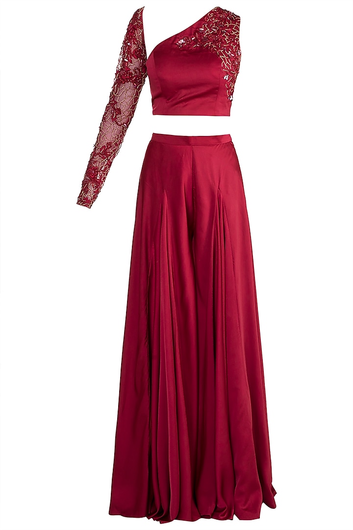 Red Embroidered One Shoulder Crop Top With Pants by Mehak Murpana at Pernia's Pop Up Shop