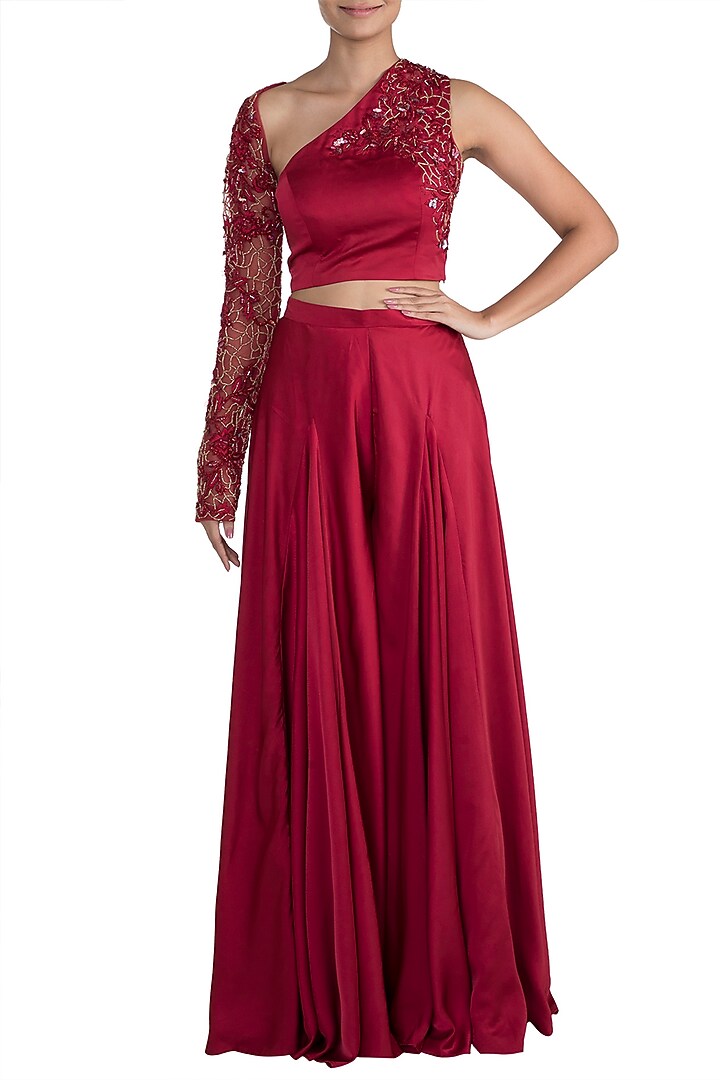 Red Embroidered One Shoulder Crop Top With Pants by Mehak Murpana at Pernia's Pop Up Shop