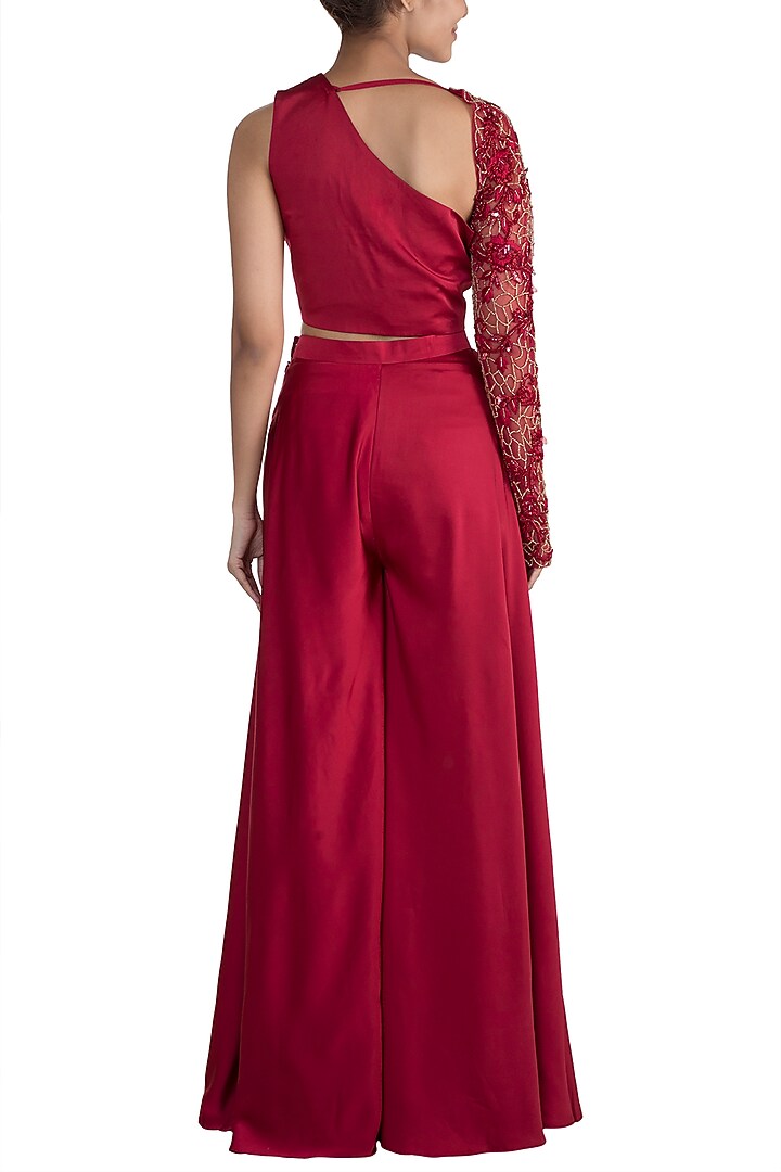 Red Embroidered One Shoulder Crop Top With Pants by Mehak Murpana at Pernia's Pop Up Shop