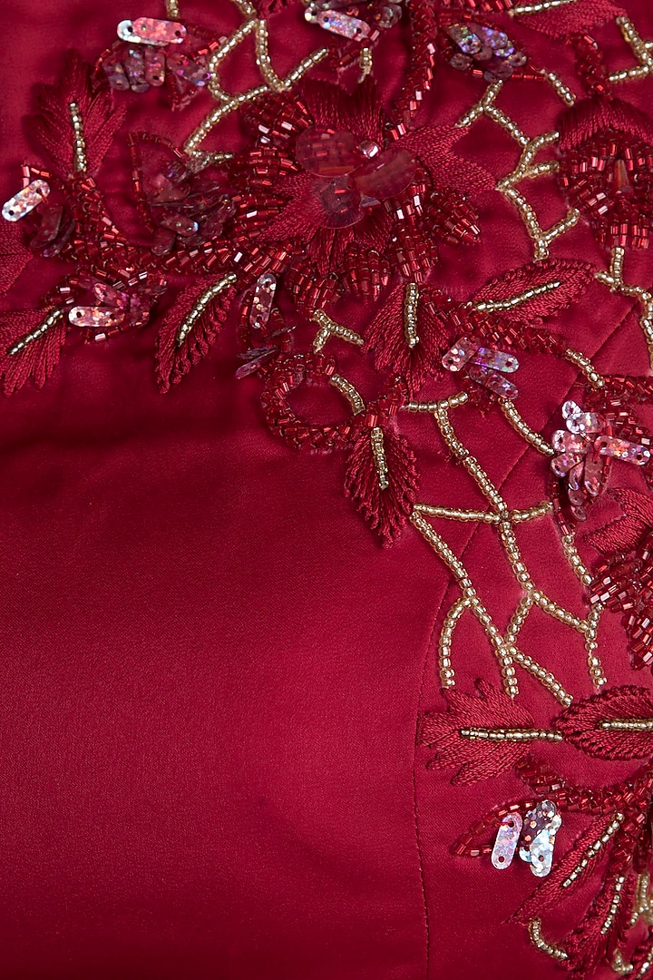 Red Embroidered One Shoulder Crop Top With Pants by Mehak Murpana at Pernia's Pop Up Shop