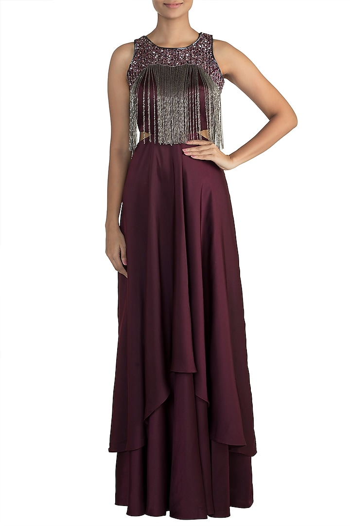 Wine Embellished Party Wear Gown by Mehak Murpana at Pernia's Pop Up Shop
