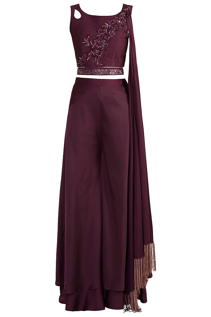 Wine Embroidered Crop Top With Pants & Belt by Mehak Murpana at Pernia's Pop Up Shop