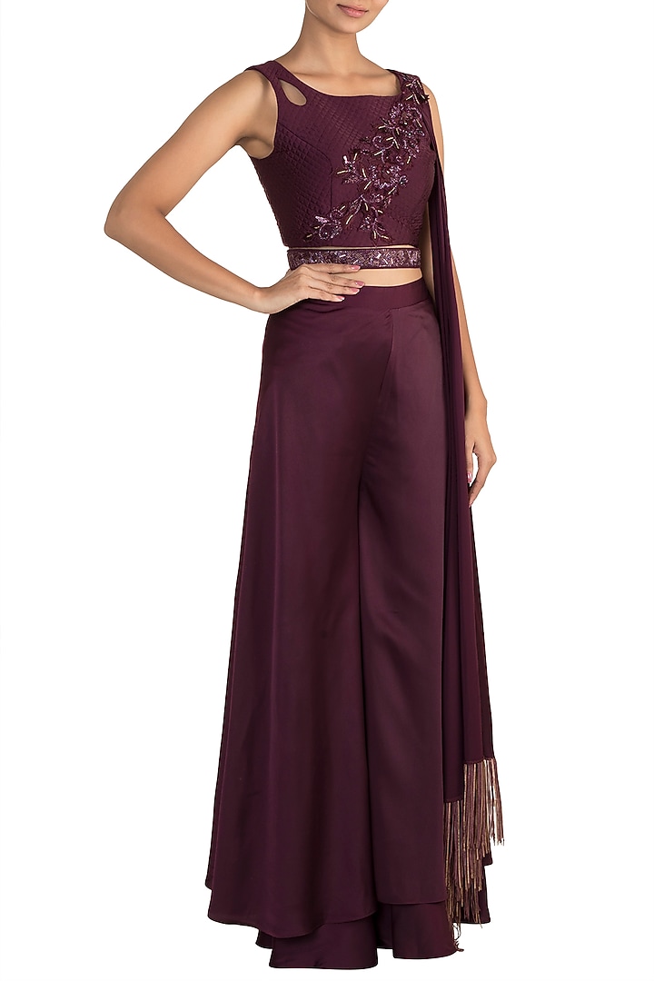 Wine Embroidered Crop Top With Pants & Belt by Mehak Murpana at Pernia's Pop Up Shop
