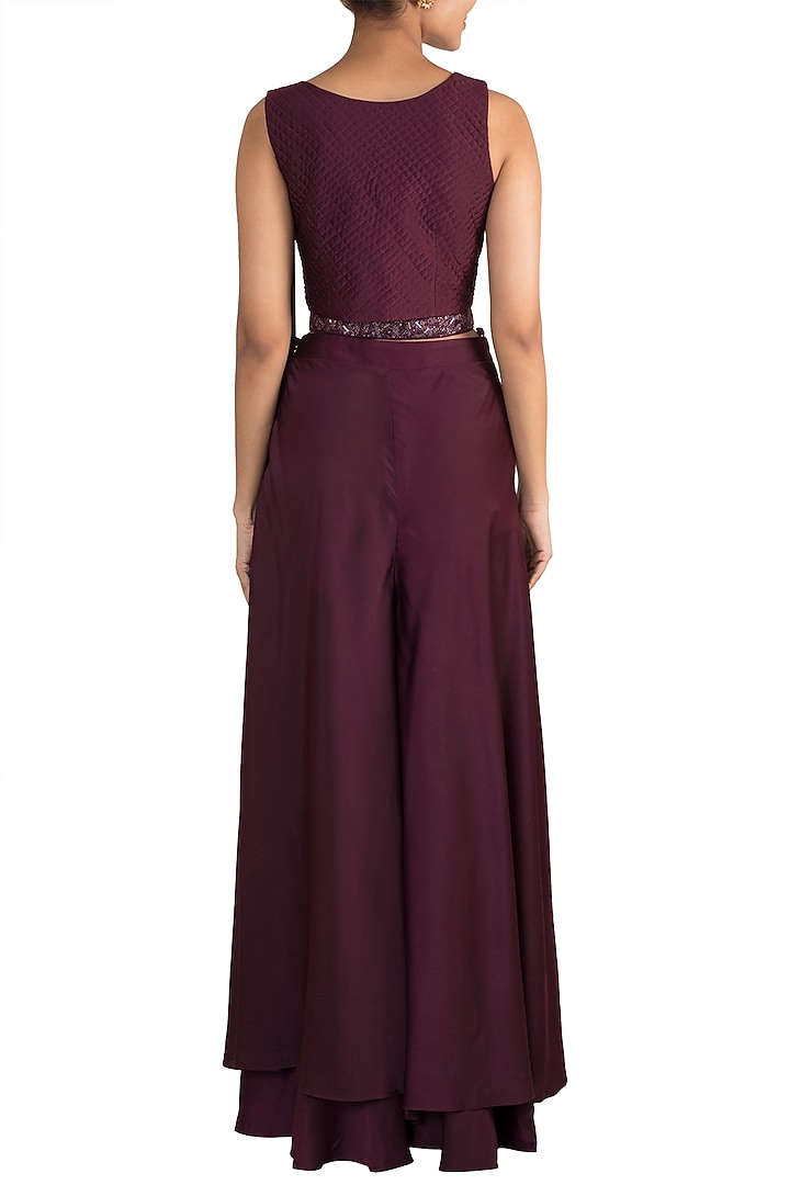 Wine Embroidered Crop Top With Pants & Belt by Mehak Murpana at Pernia's Pop Up Shop