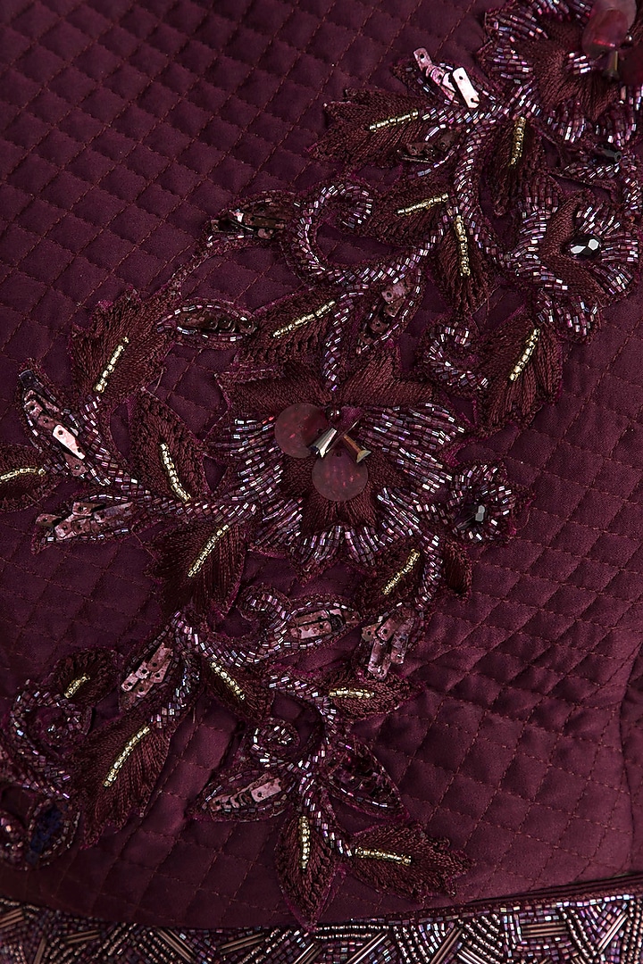 Wine Embroidered Crop Top With Pants & Belt by Mehak Murpana at Pernia's Pop Up Shop