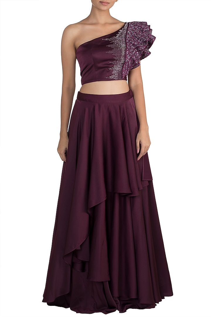 Wine Embellished Crop Top With Layered Skirt by Mehak Murpana at Pernia's Pop Up Shop