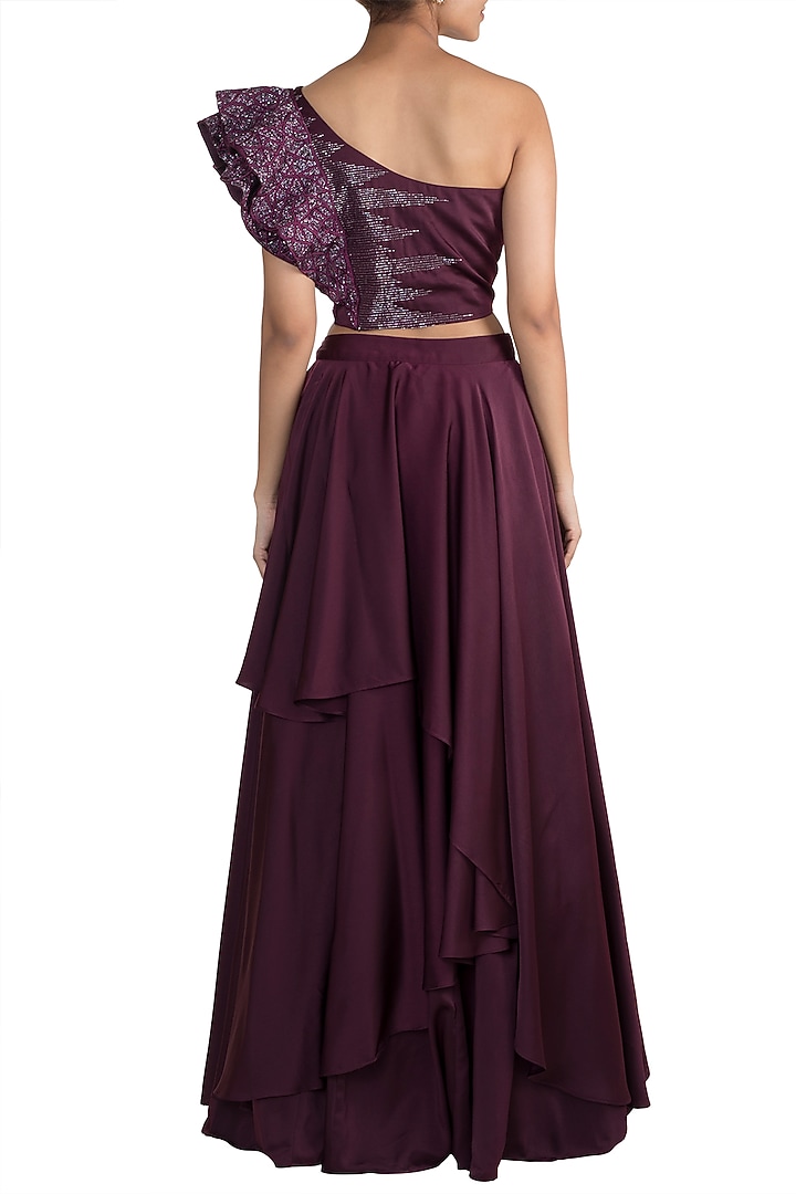 Wine Embellished Crop Top With Layered Skirt by Mehak Murpana at Pernia's Pop Up Shop