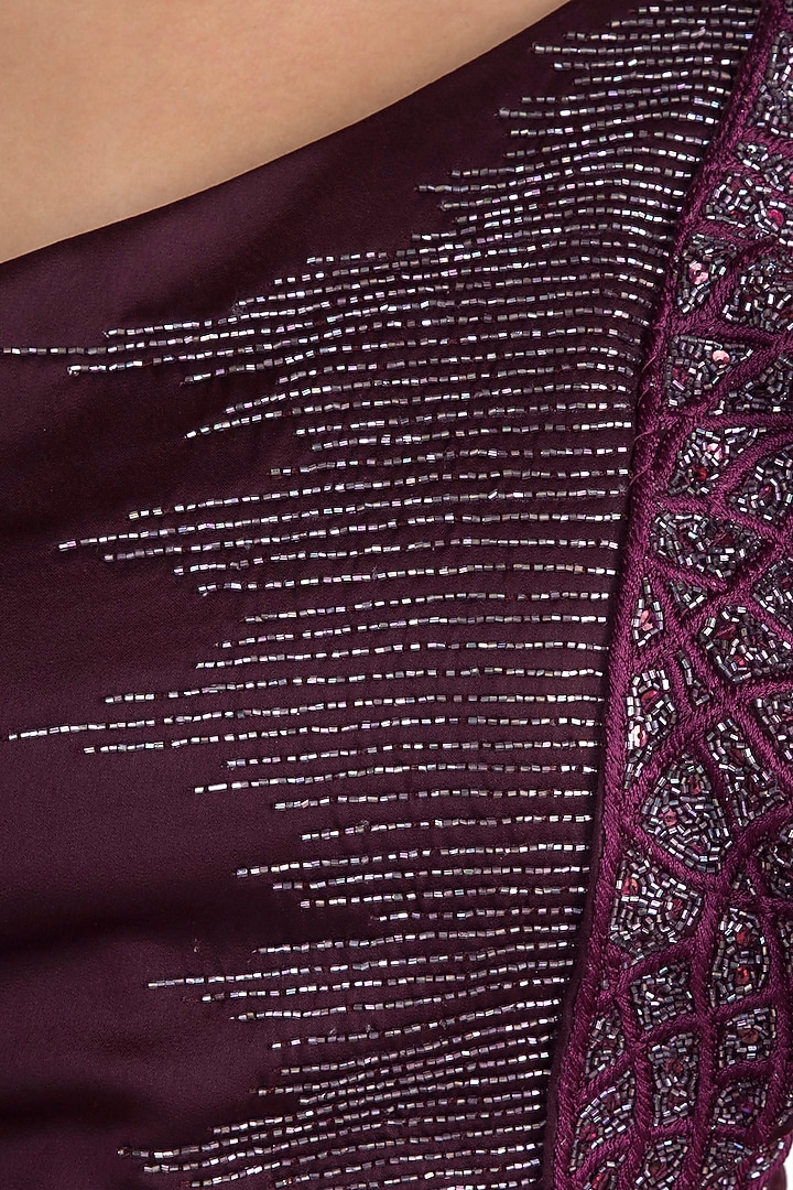 Wine Embellished Crop Top With Layered Skirt by Mehak Murpana at Pernia's Pop Up Shop