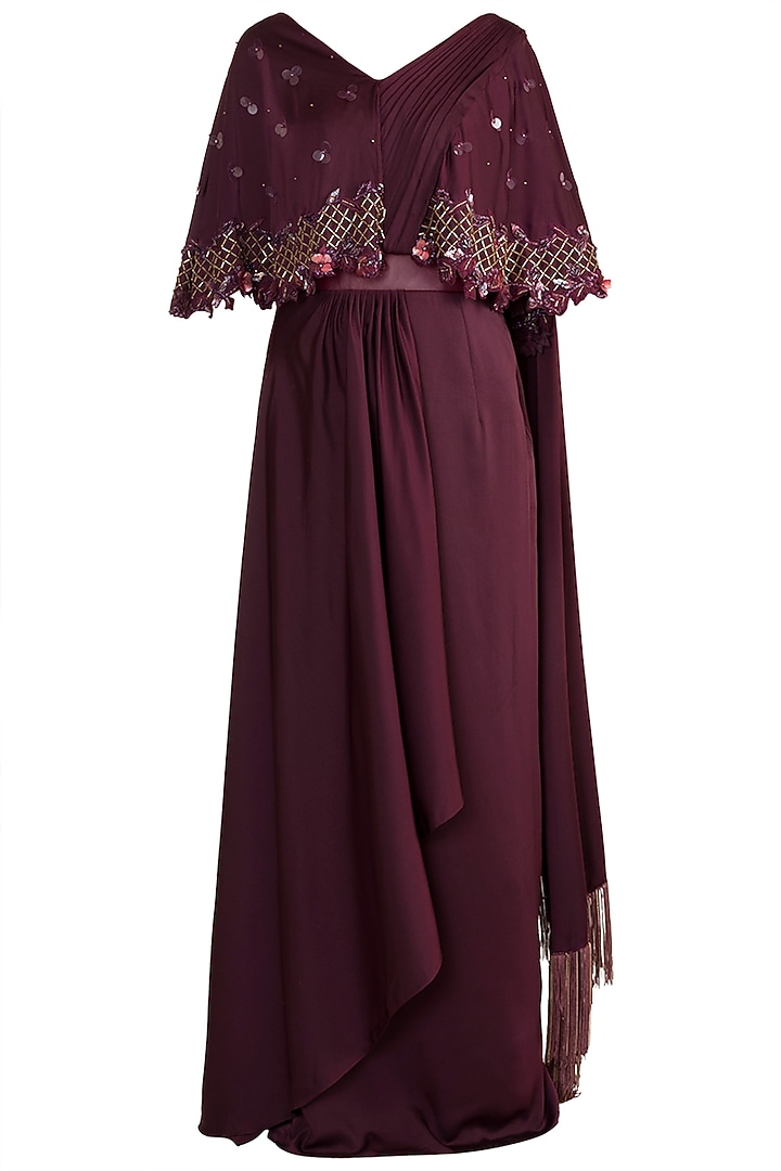 Wine Embellished Pre-Draped Party Wear Saree Gown by Mehak Murpana at Pernia's Pop Up Shop